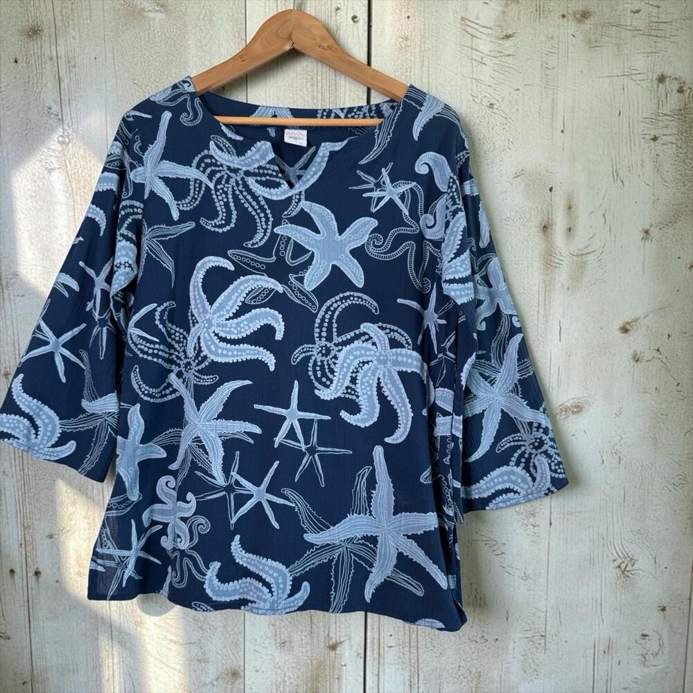 Icantoo Women's Tunic Navy Blouse Size S Starfish Coastal Beach Top